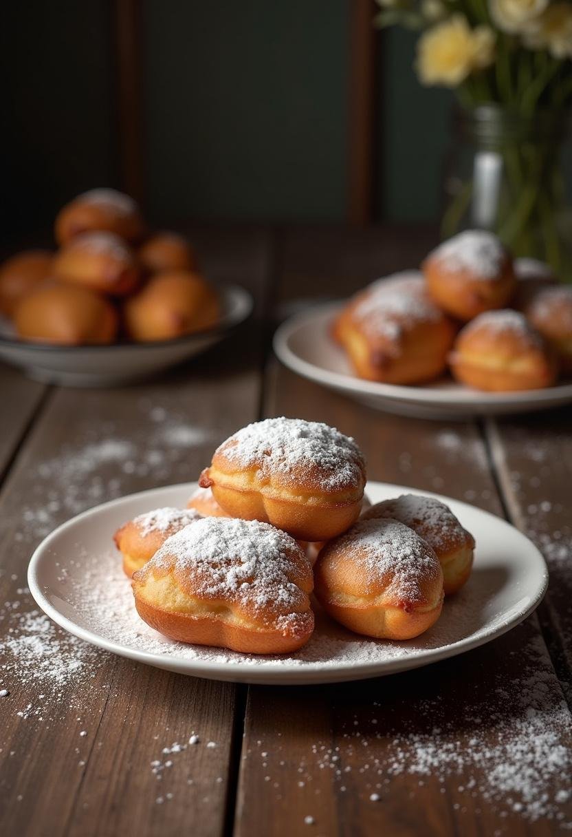 Assiette de beignets sucrés dorés saupoudrés de sucre glace, présentée sur une table en bois rustique.