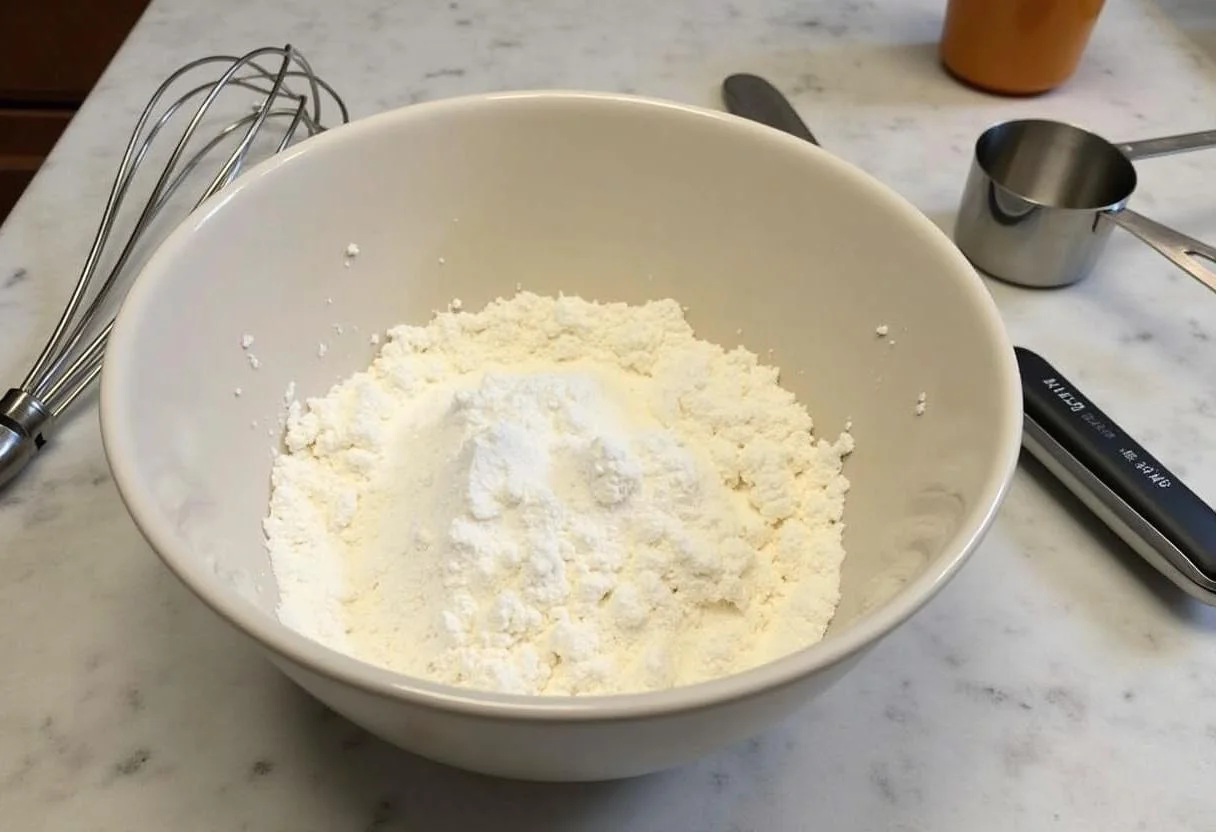 Préparation des ingrédients secs pour les beignets sucrés faciles avec de la farine et du sucre sur le plan de travail.