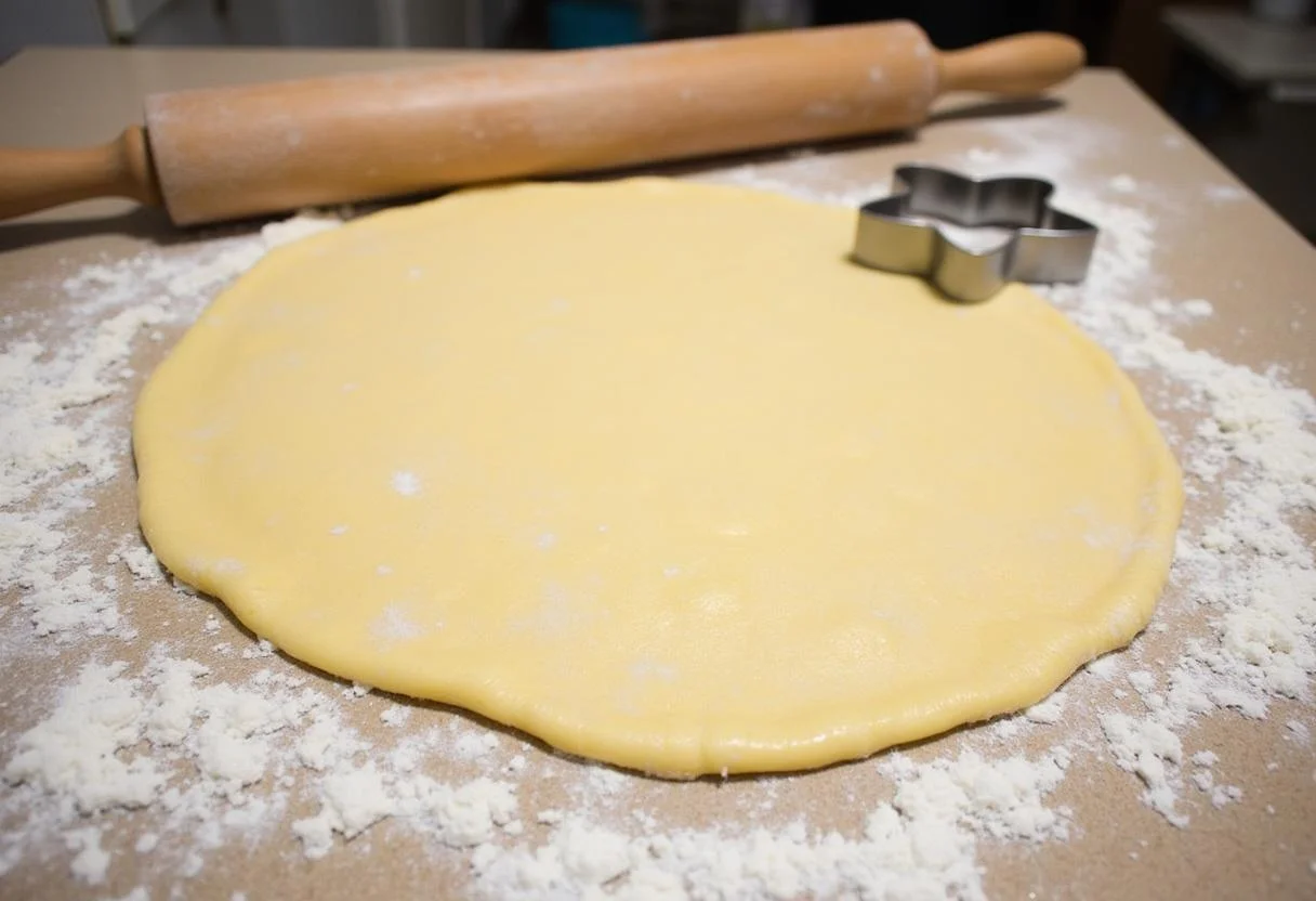 Abaisse de la pâte pour les beignets sucrés, avec un rouleau à pâtisserie et un emporte-pièce sur la table.