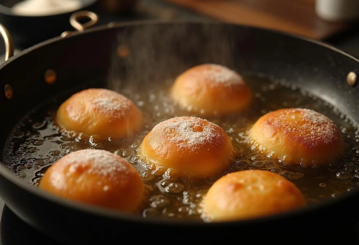 Beignets sucrés en train de frémir dans l'huile chaude, à la couleur dorée dans une poêle à frire.