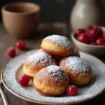 Présentation finale des beignets au babeurre, saupoudrés de sucre glace et décorés de baies sur une table rustique.