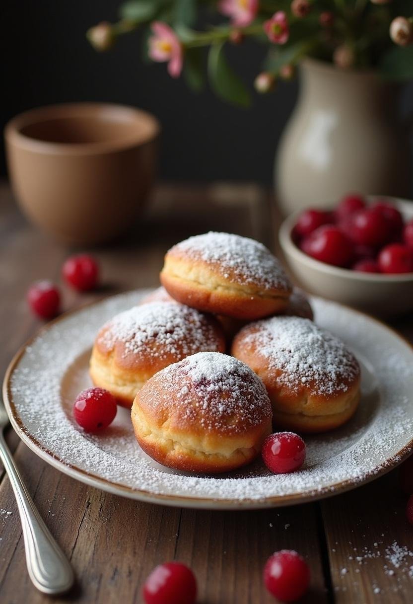 Présentation finale des beignets au babeurre, saupoudrés de sucre glace et décorés de baies sur une table rustique.
