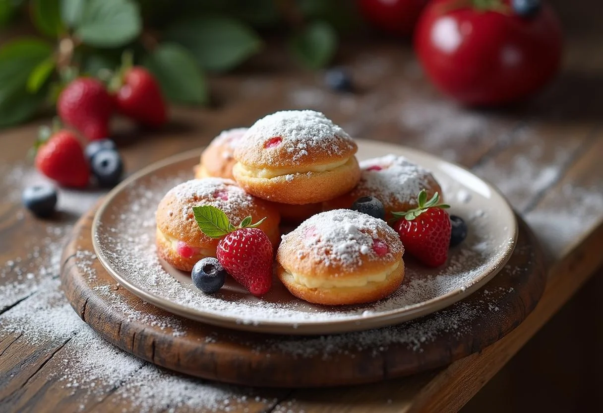 Présentation finale des beignets au babeurre, saupoudrés de sucre glace et décorés de baies sur une table rustique.