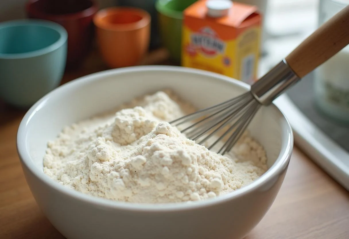 Préparation des ingrédients pour la recette de beignets au babeurre avec un bol de mélange de farine, sucre et levure.