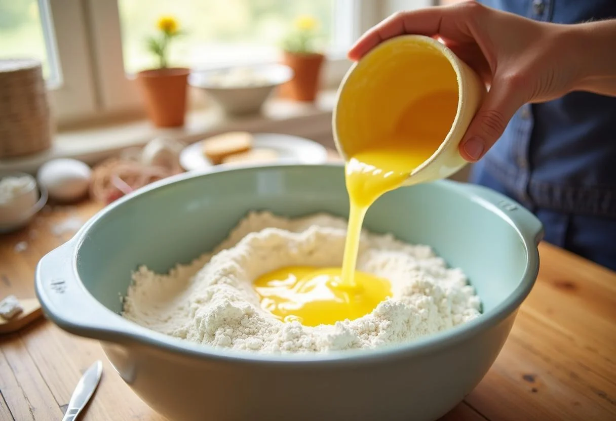 Mélange du beurre fondu avec le mélange de farine pour des beignets au babeurre dans une cuisine ensoleillée.