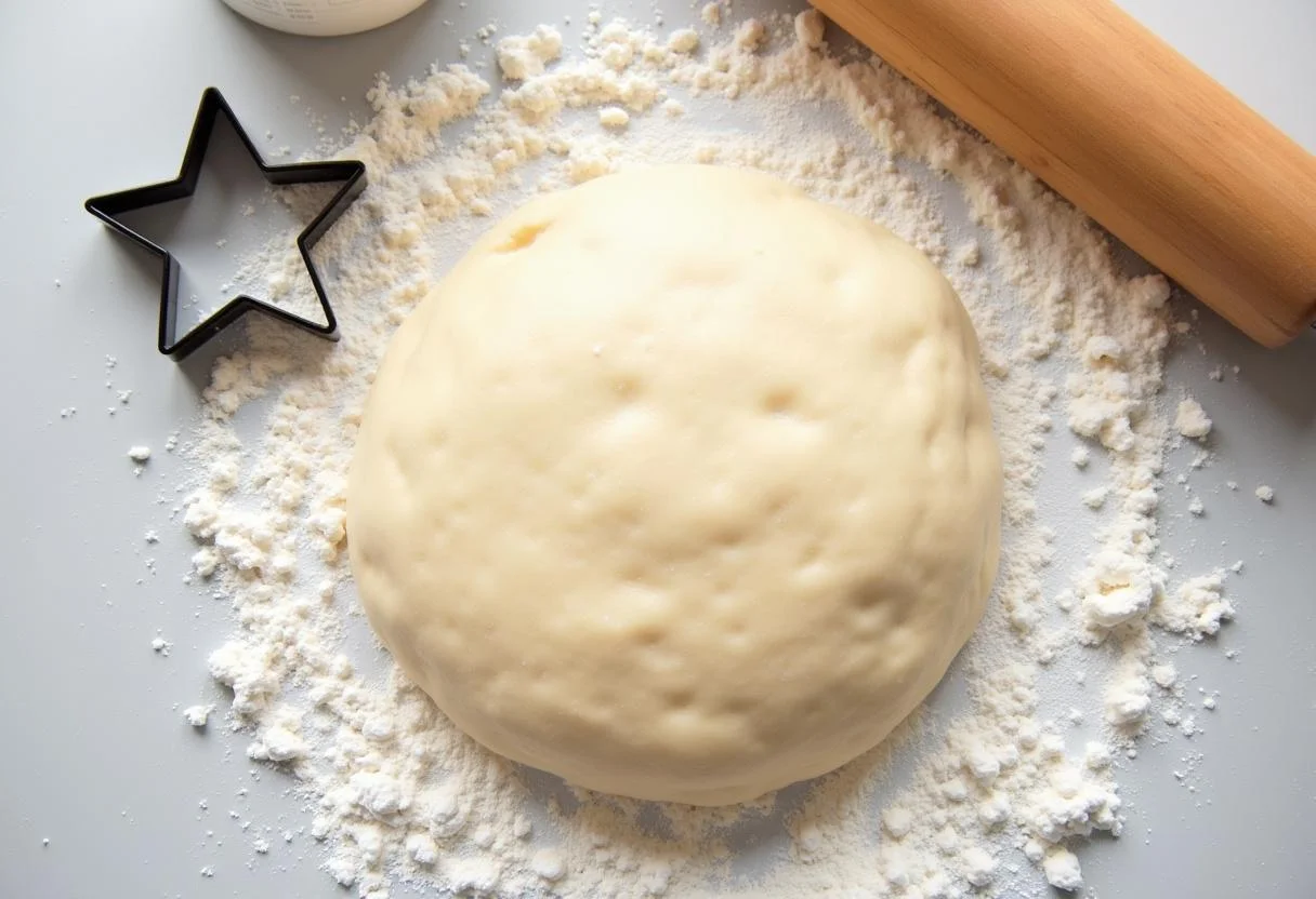 Pâte à beignets au babeurre en cours de pétrissage sur une surface farinée, prête à être découpée.