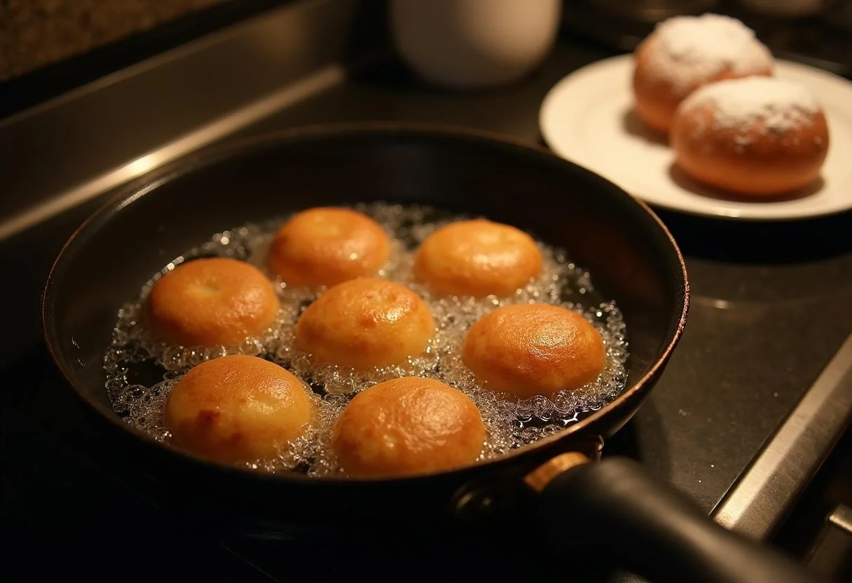 Beignets au babeurre en train de frémir dans une poêle, prêts à être saupoudrés de sucre glace.