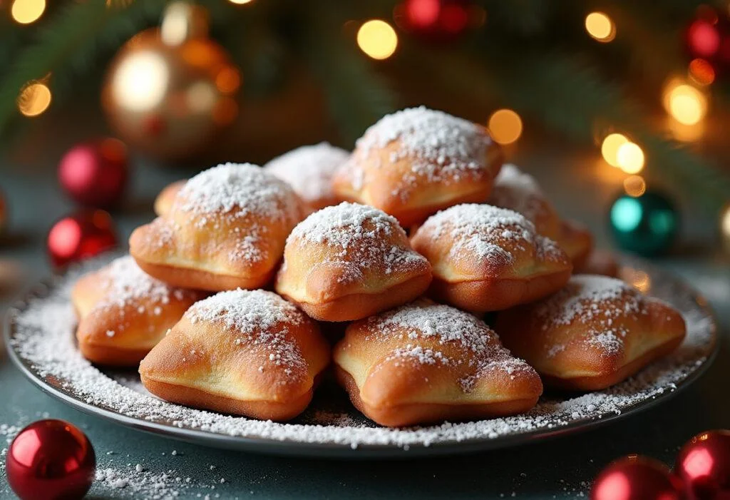 Présentation délicieuse des beignets de carnaval dorés saupoudrés de sucre, parfaits pour les célébrations.