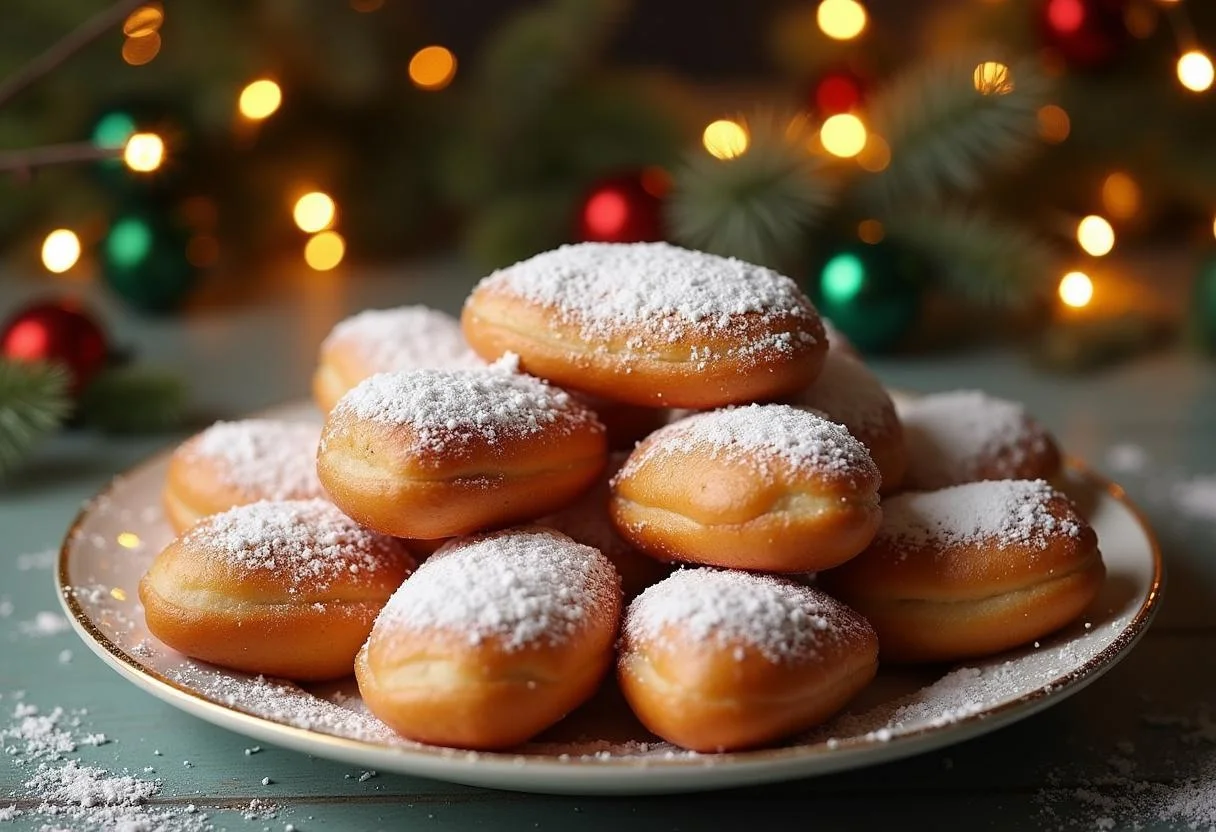 Présentation délicieuse des beignets de carnaval dorés saupoudrés de sucre, parfaits pour les célébrations.