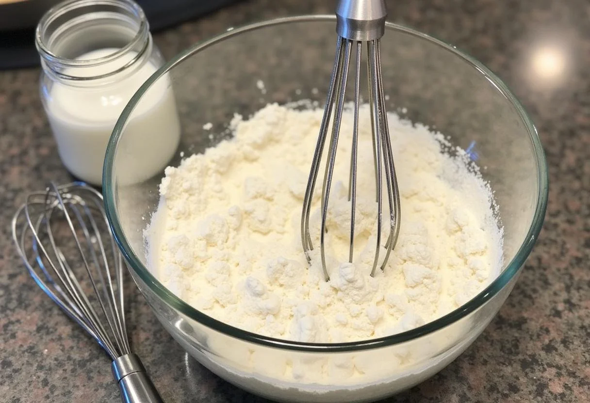 Etape préliminaire pour faire des beignets de carnaval avec de la farine, du sucre et de la levure dans un bol mélangeur.