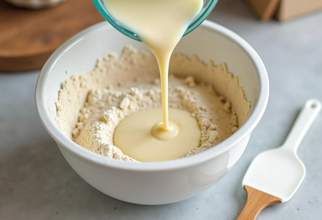 Verser du lait tiède dans un mélange de farine pour préparer la pâte de beignet sucré.