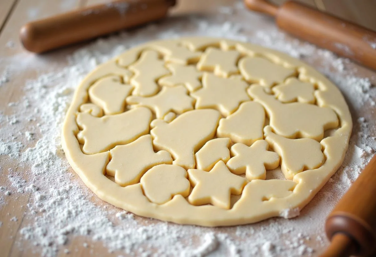 Découpage de la pâte en formes classiques pour les beignets au sucre sur un plan de travail fariné.