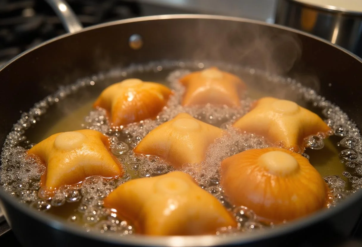 Friture des beignets de carnaval dans une grande casserole d'huile chaude, créant un environnement parfait pour une texture croustillante.