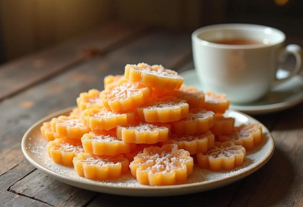 Présentation finale de bonbons piquants au gingembre artisanaux, avec un saupoudrage de sucre et une tasse de thé en arrière-plan.