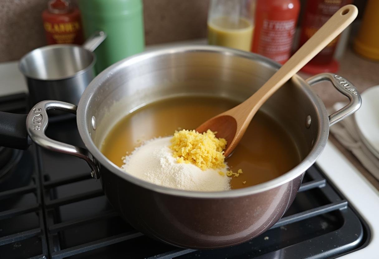 Mélange des ingrédients pour des bonbons piquants au gingembre dans une casserole sur le feu, avec du sucre et de l'eau.