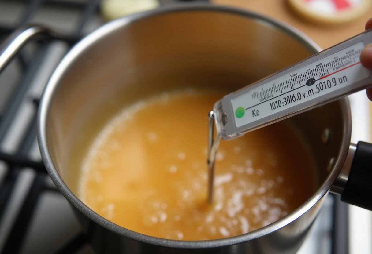 Ébullition du mélange pour la préparation de bonbons au gingembre, montrant la température idéale sur un thermomètre de cuisine.