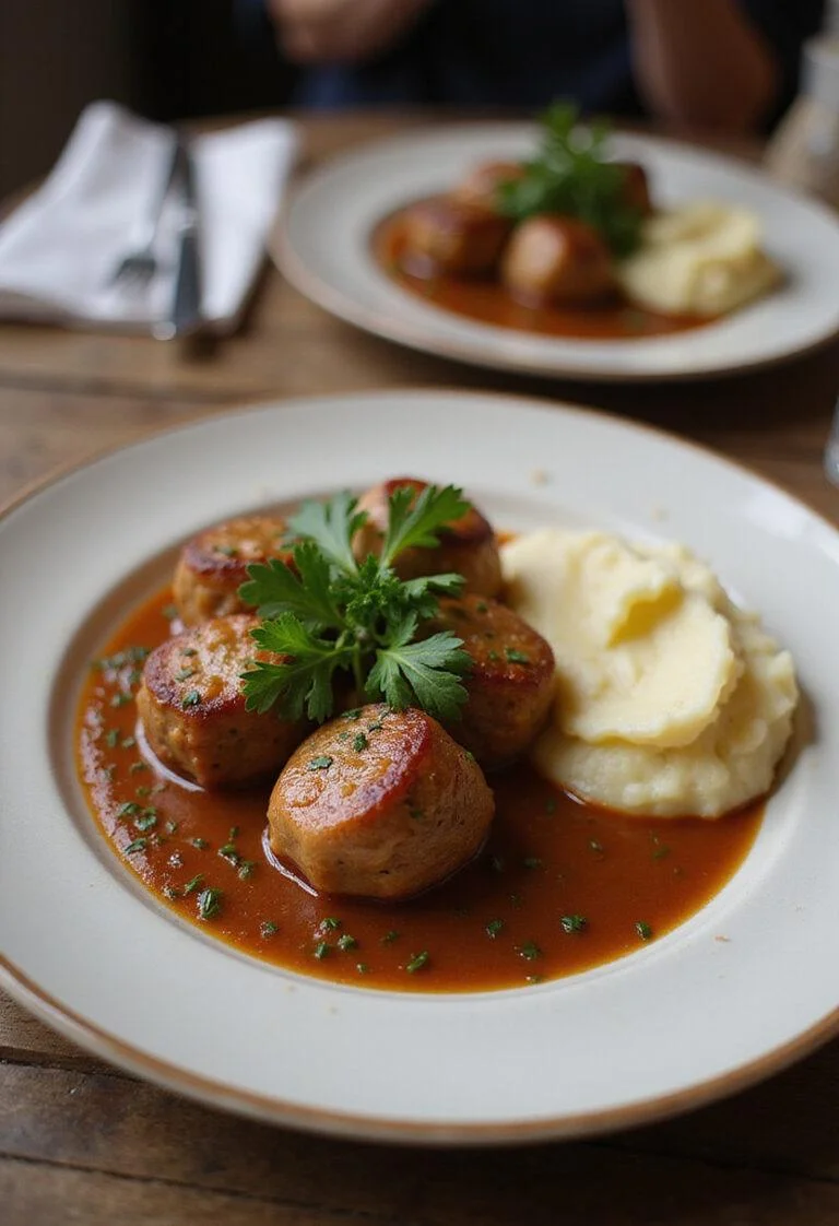 Finished Boulets à la Liégeoise served with mashed potatoes, perfect for a hearty meal.