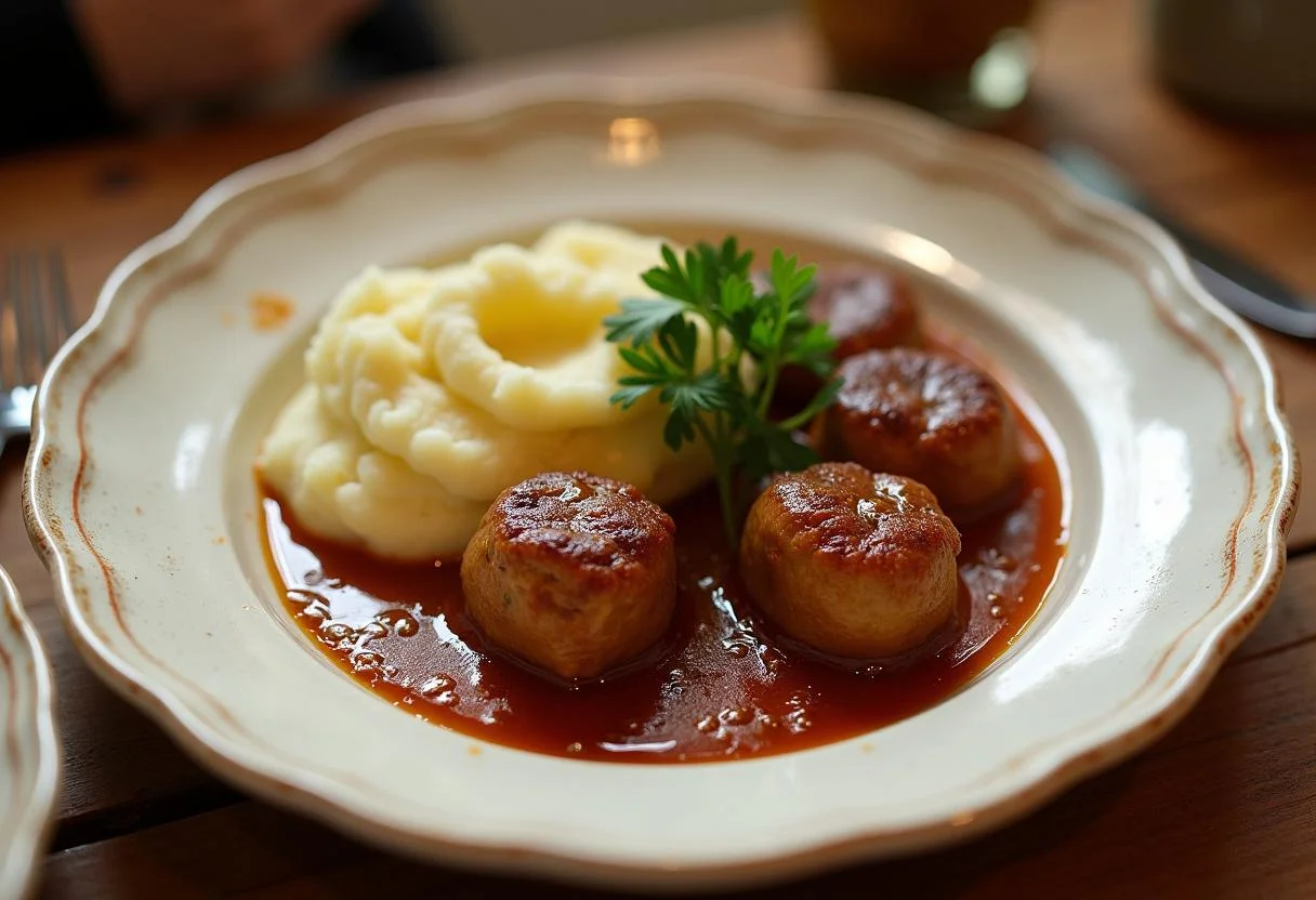 Finished Boulets à la Liégeoise served with mashed potatoes, perfect for a hearty meal.