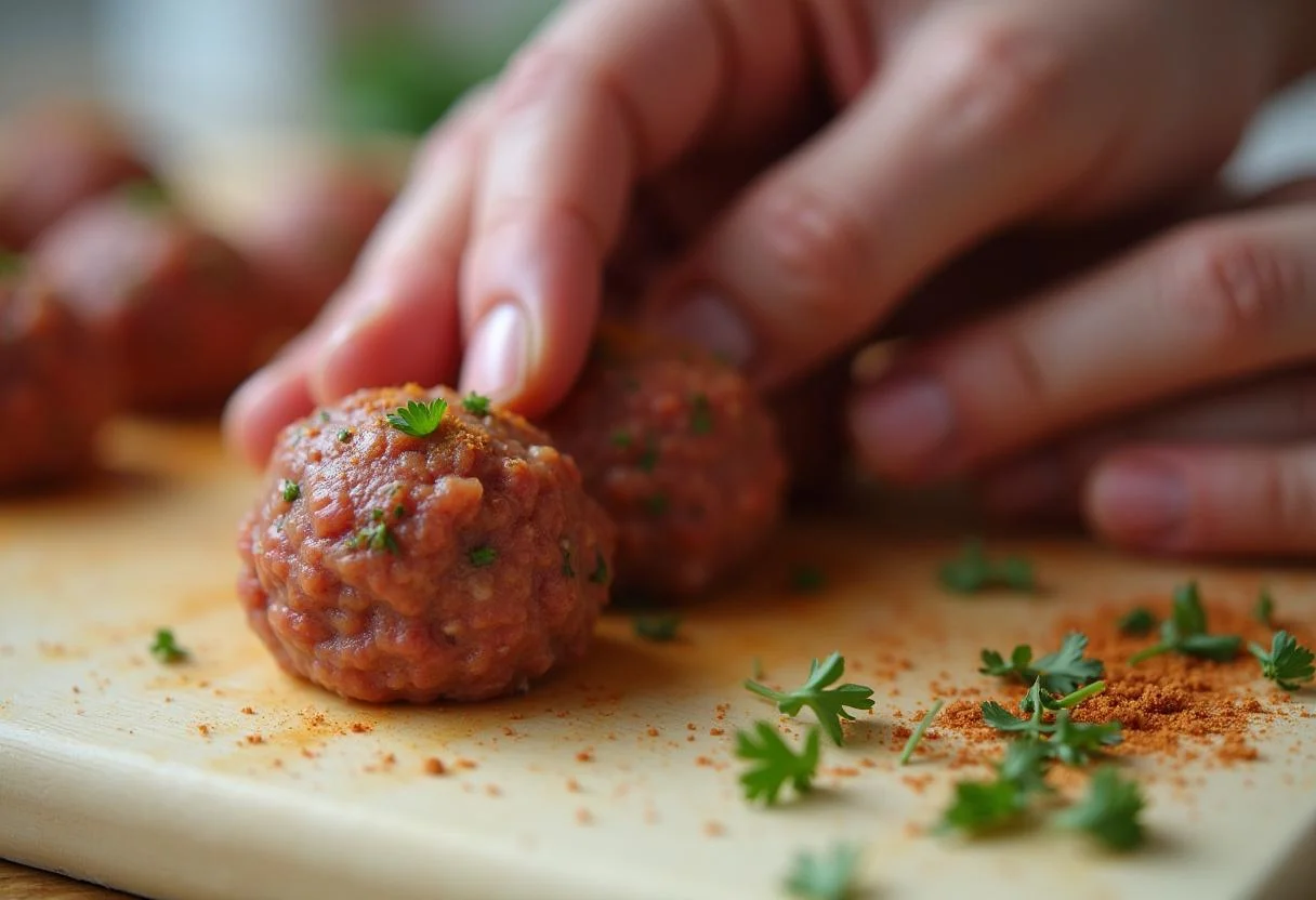 Rolling meatballs for Boulets à la Liégeoise on a cutting board.
