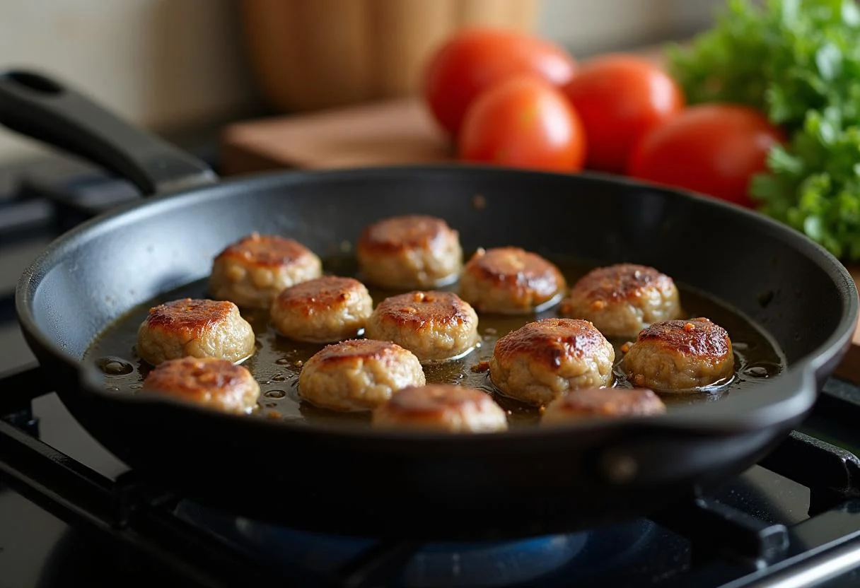 Cooking meatballs for Boulets à la Liégeoise in a frying pan.