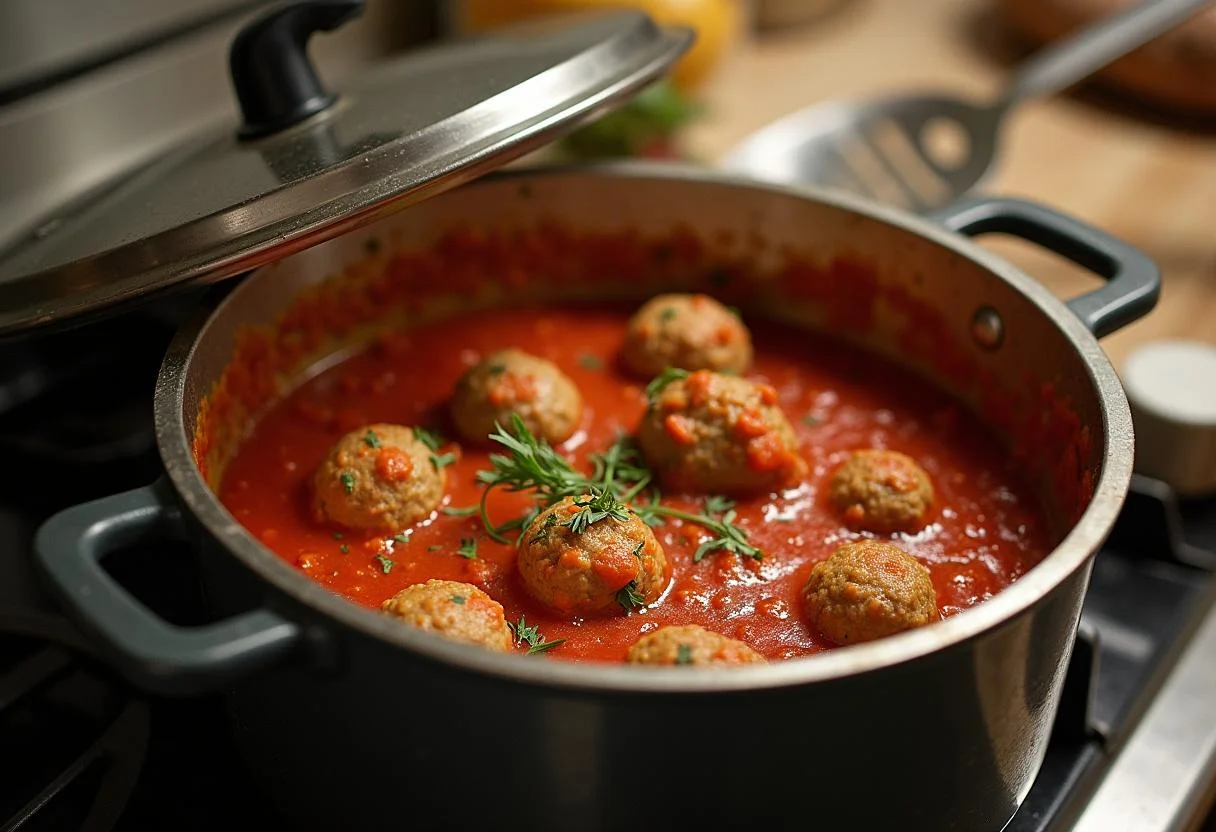 Simmering Boulets à la Liégeoise in tomato sauce on the stove.