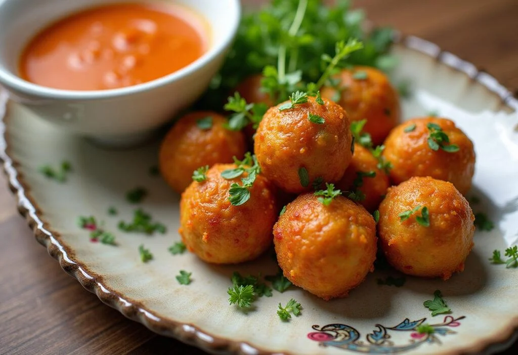 Boulettes de poisson légères et parfumées bien présentées sur une assiette décorative, accompagnées de sauce à tremper et d'herbes fraîches.
