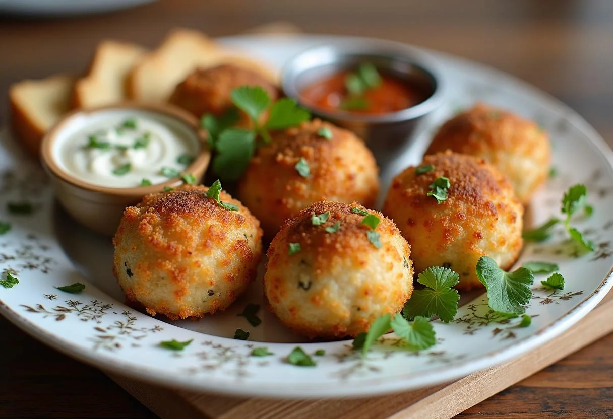 Boulettes de poisson légères et parfumées bien présentées sur une assiette décorative, accompagnées de sauce à tremper et d'herbes fraîches.