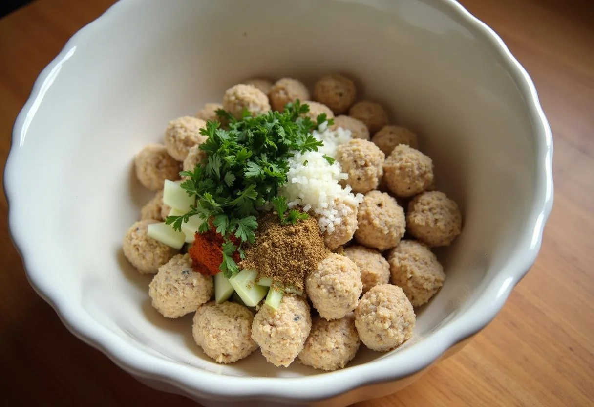 Mélange d'ingrédients dans un bol pour des boulettes de poisson légères et parfumées avec du poisson frais, des oignons et des herbes.