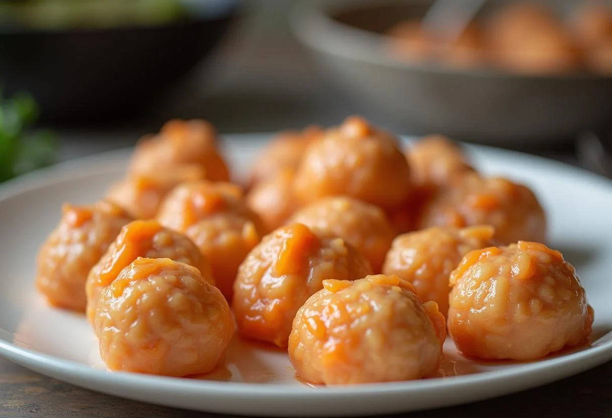 Boulettes de poisson parfaitement formées prêtes à être cuites, mettant en avant leur taille uniforme et leur texture délicate.