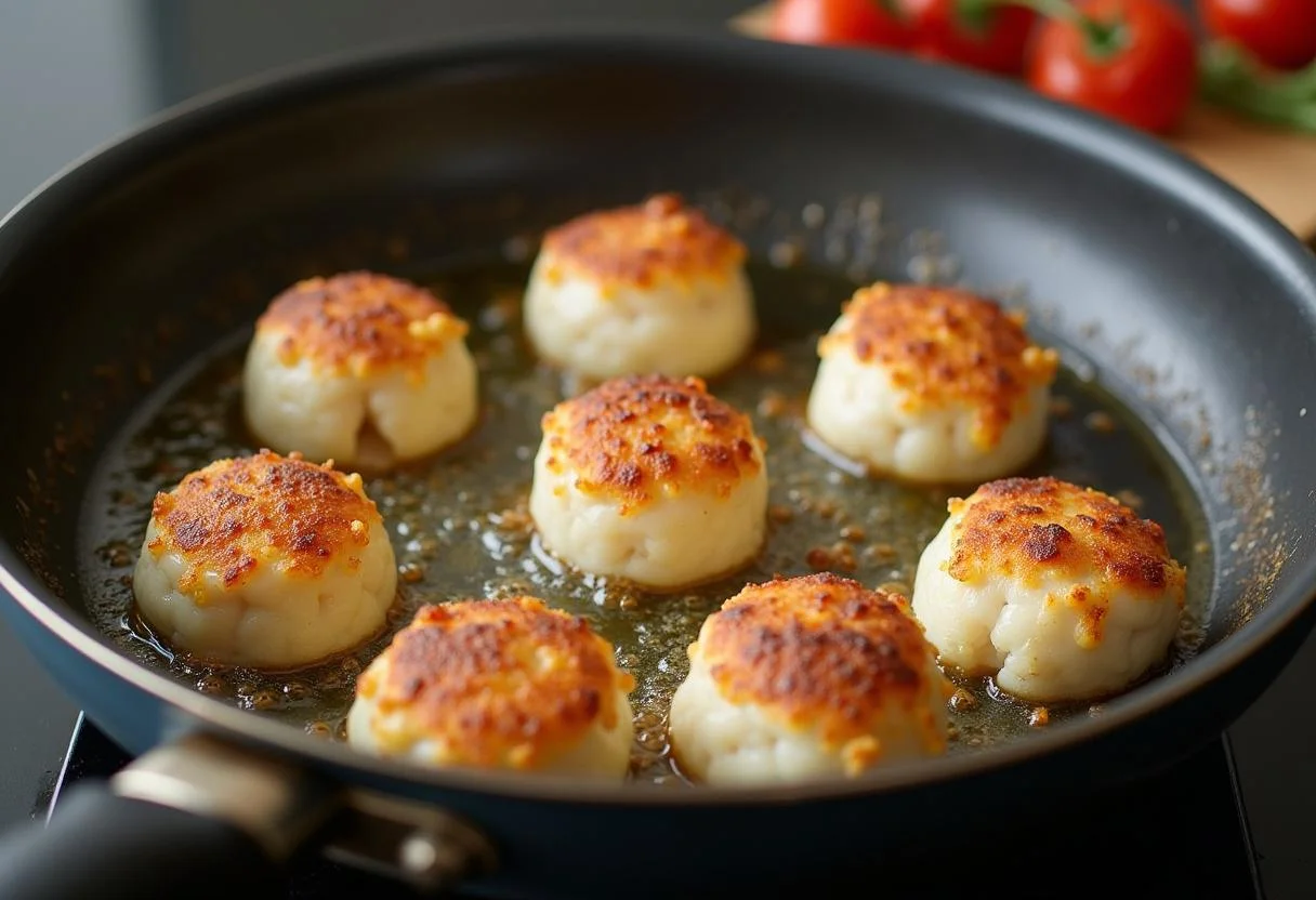 Cuisson de boulettes de poisson légères et parfumées dans une poêle, illustrant une belle croûte dorée et savoureuse.