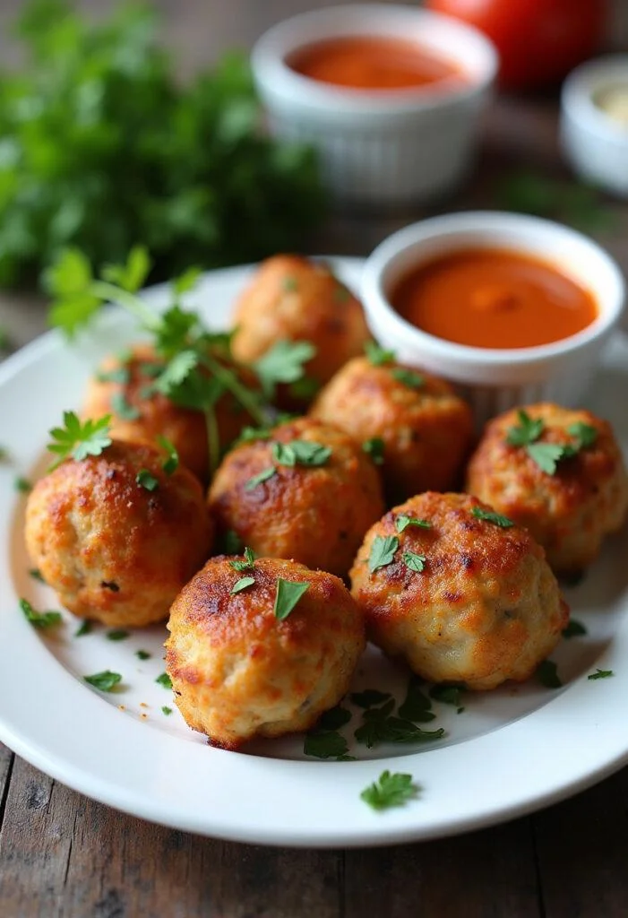 Boulettes de poulet moelleuses servies avec garniture de persil frais sur une assiette blanche, mettant en valeur un plat succulent.