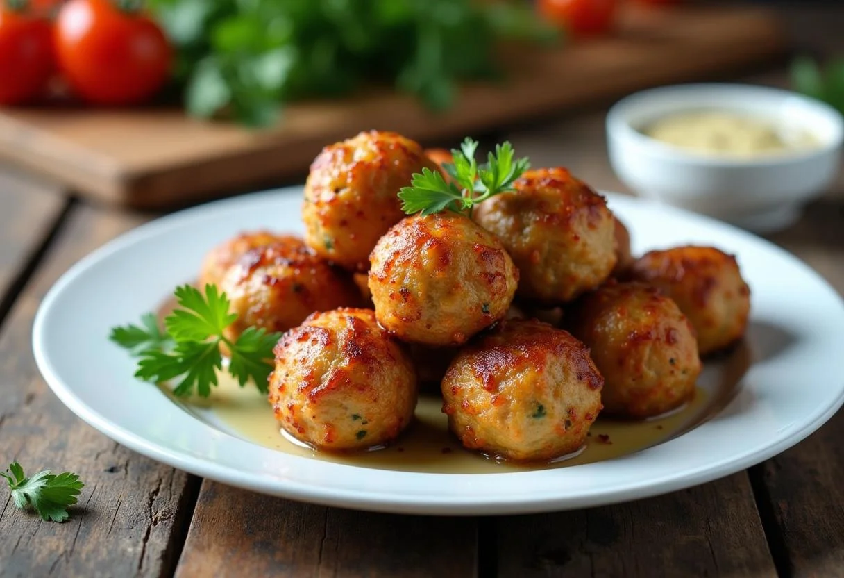 Boulettes de poulet moelleuses servies avec garniture de persil frais sur une assiette blanche, mettant en valeur un plat succulent.