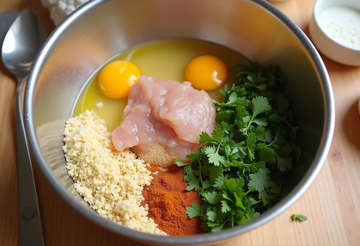 Boulettes de poulet moelleuses avec poulet haché dans un bol en bois, prêt à être mélangé avec des épices et du pain d'épice.