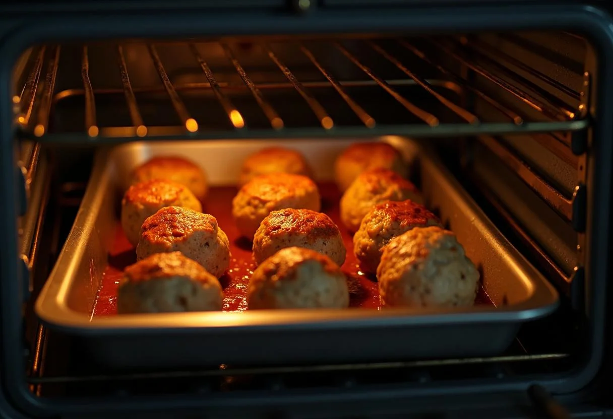 Boulettes de poulet moelleuses dorées en cours de cuisson dans le four, illustrant un plat savoureux et appétissant.