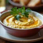 Présentation de la vraie brandade de morue dans un plat en céramique avec du persil, prête à être servie sur une table rustique.