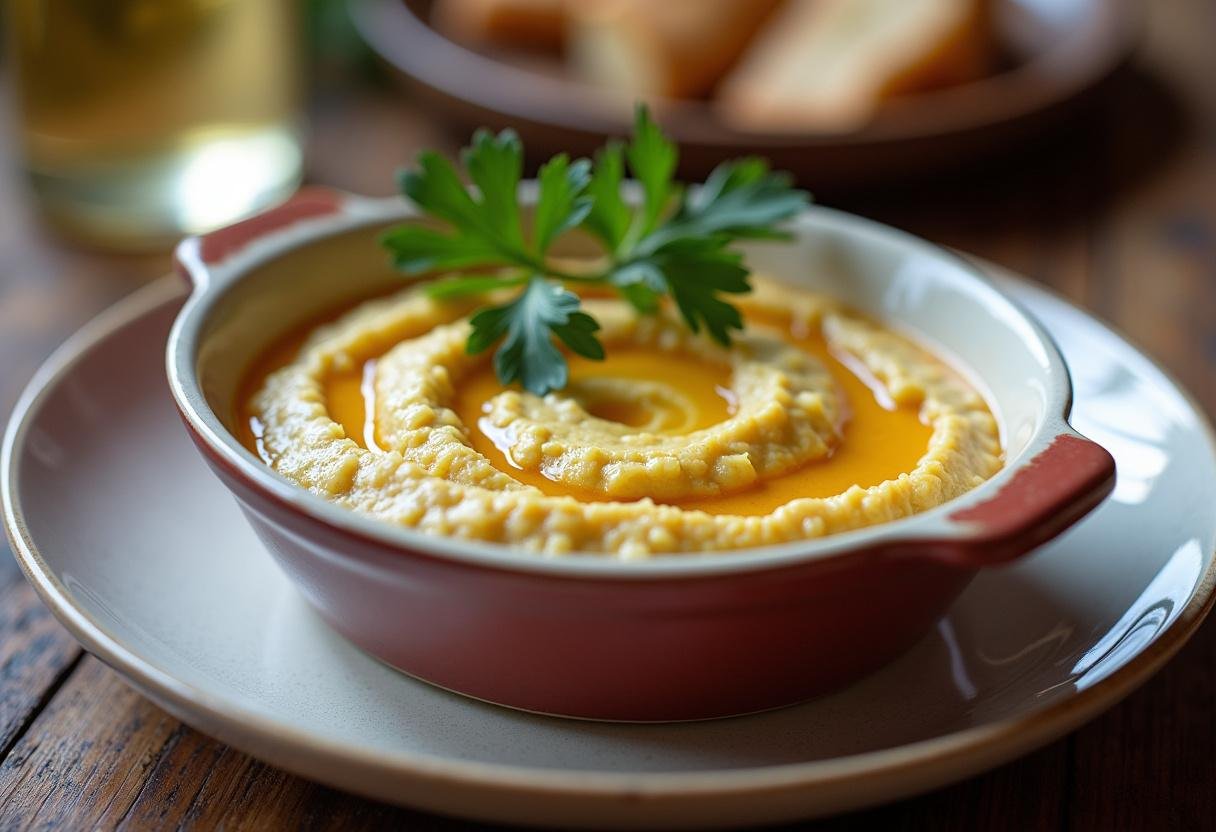 Présentation de la vraie brandade de morue dans un plat en céramique avec du persil, prête à être servie sur une table rustique.