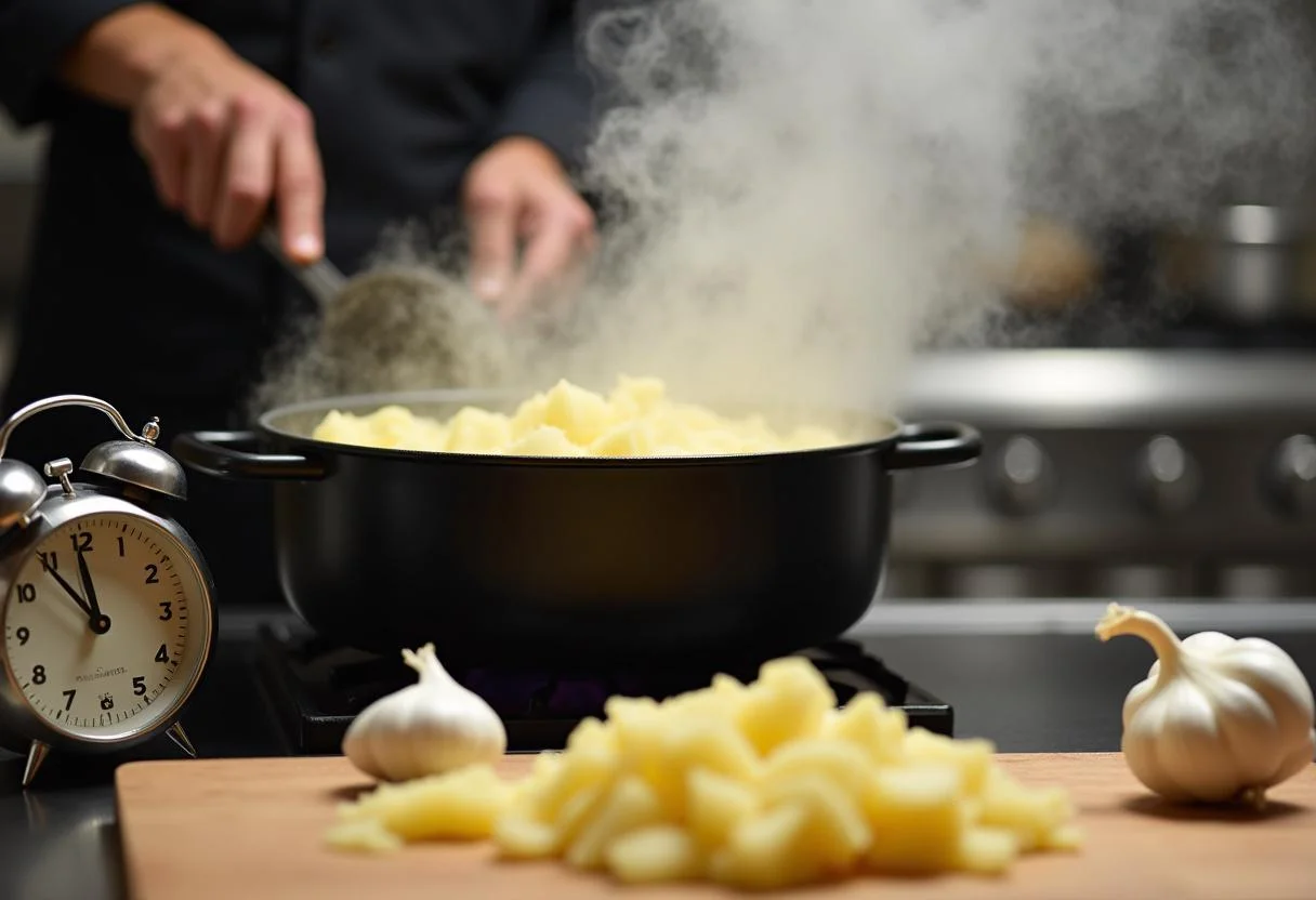 Cuisson des pommes de terre pour la vraie brandade de morue dans une grande casserole sur le feu avec de la vapeur qui s’élève.