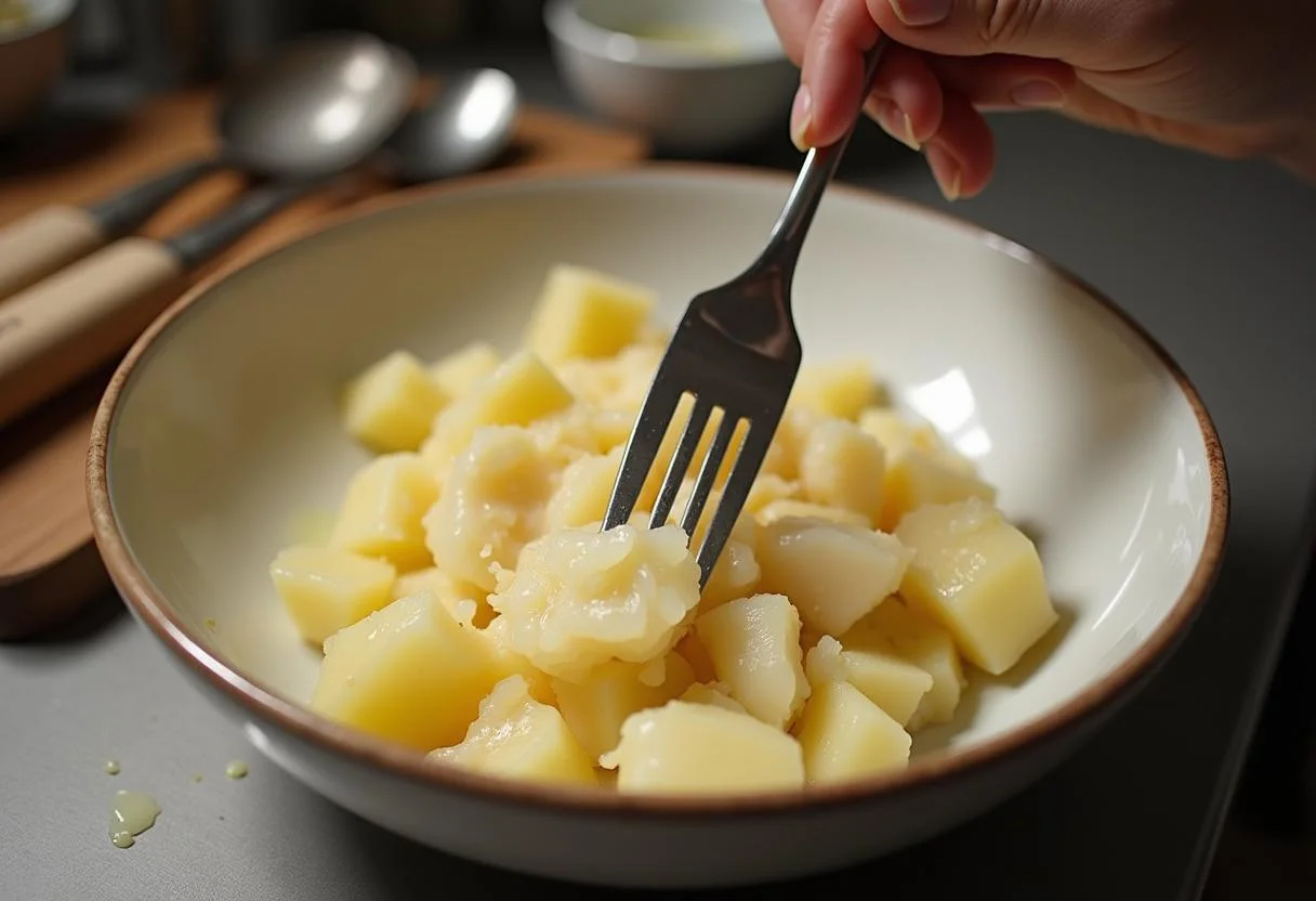 Écrasement des pommes de terre pour la vraie brandade de morue avec une fourchette dans un bol, créant un mélange lisse en arrière-plan.