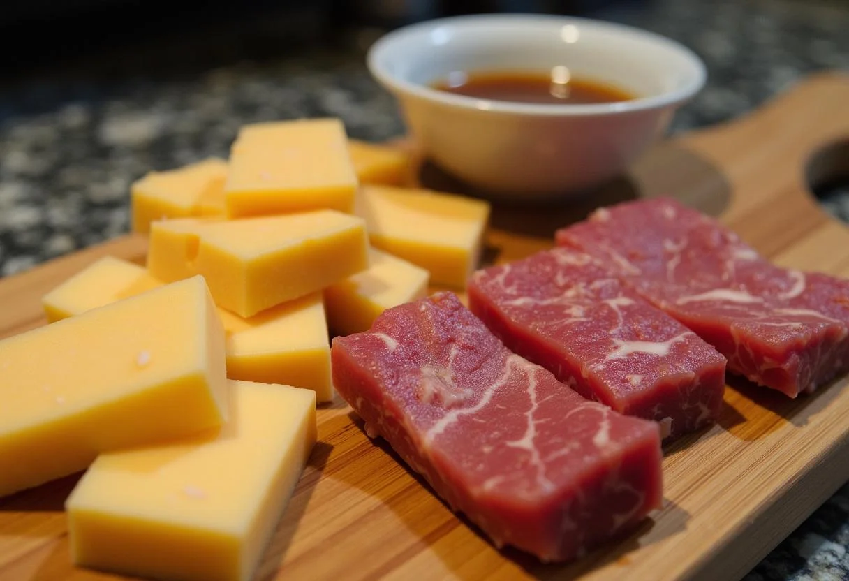 Préparation de brochettes de boeuf avec fromage marinées à la sauce soja et l'ail, sur une planche à découper.
