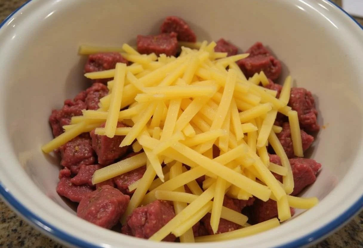 Marinade des brochettes de boeuf et fromage, avec un mélange de sauce soja, dans un bol recouvert de film plastique au réfrigérateur.