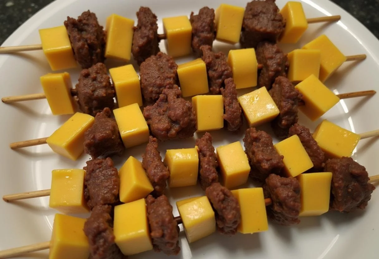 Enfilage des morceaux de boeuf et de fromage sur des brochettes en alternant, prêt pour la cuisson des brochettes au barbecue.