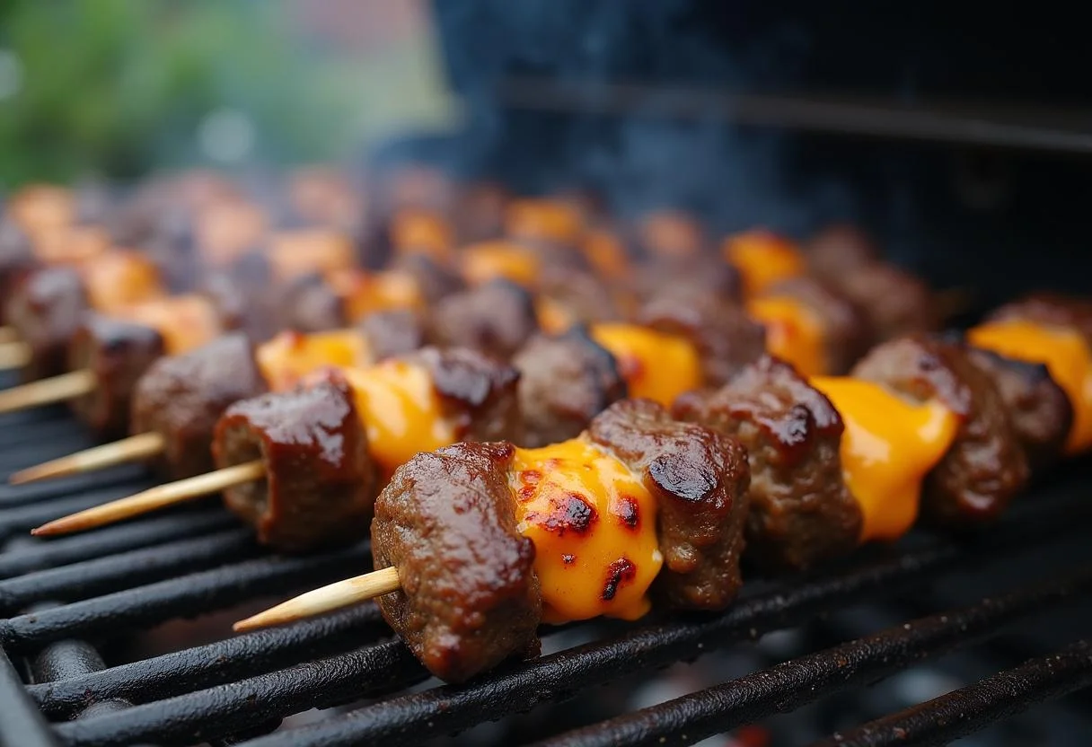 Cuisson des brochettes de boeuf et fromage sur un grill préchauffé, créant une fumée appétissante et des arômes délicieux.