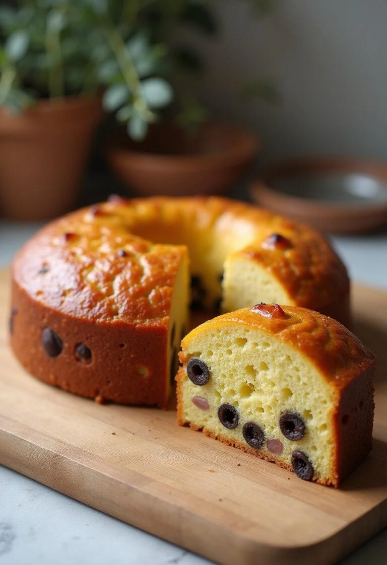 Un délicieux gâteau aux lardons et olives, parfaitement doré, prêt à être dégusté.