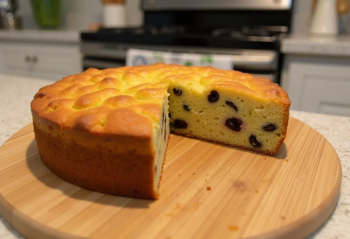 Un délicieux gâteau aux lardons et olives, parfaitement doré, prêt à être dégusté.