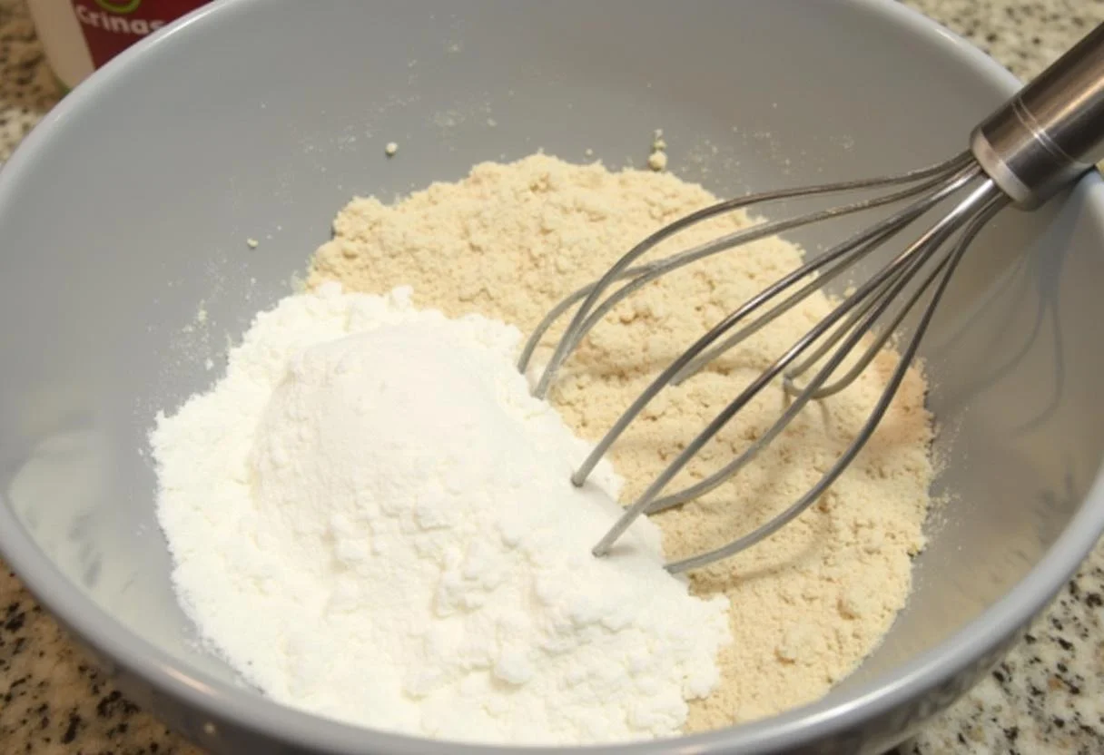 Un bol de mélange avec de la farine, de la levure chimique et du sel pour un gâteau aux lardons et olives.