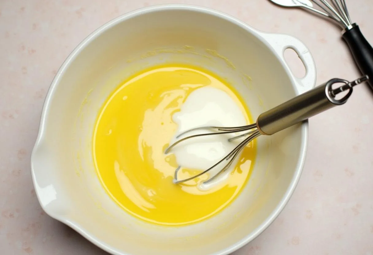 Un bol avec des œufs battus, de l'huile d'olive et du lait pour la préparation d'un gâteau savoureux.