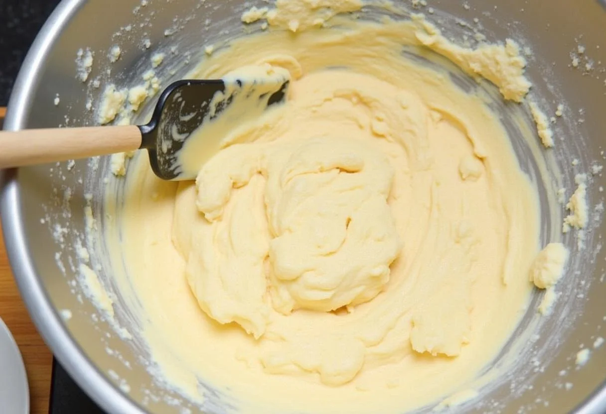 Incorporation des ingrédients mouillés avec les ingrédients secs pour obtenir une pâte aérée pour le gâteau.
