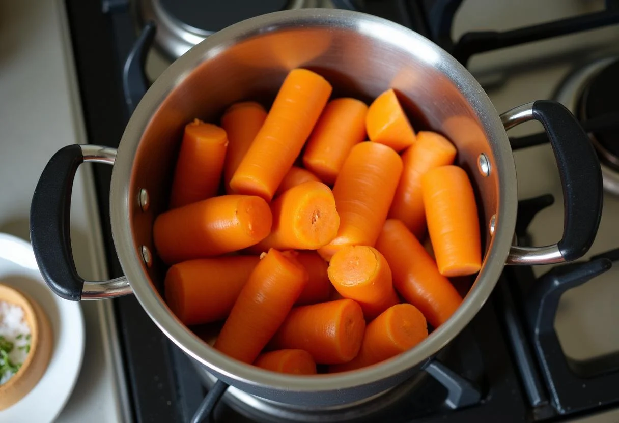 Carottes fraîchement coupées, préparées pour une cuisson à la Vichy, montrant les couleurs vibrantes avant l'ébullition.