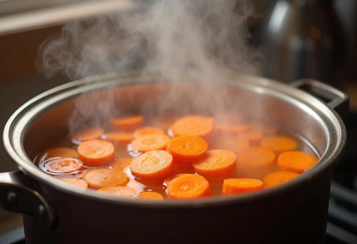 Carottes ajoutées à de l'eau bouillante, une étape clé dans la préparation des Carottes Vichy Beurrées.