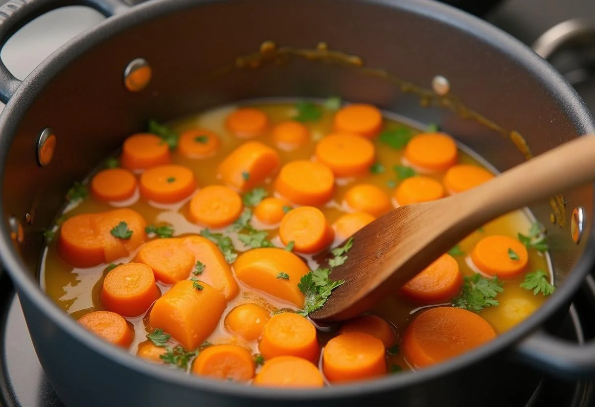 Carottes mijotant dans du beurre et du persil pour un plat délicieux à la Vichy.